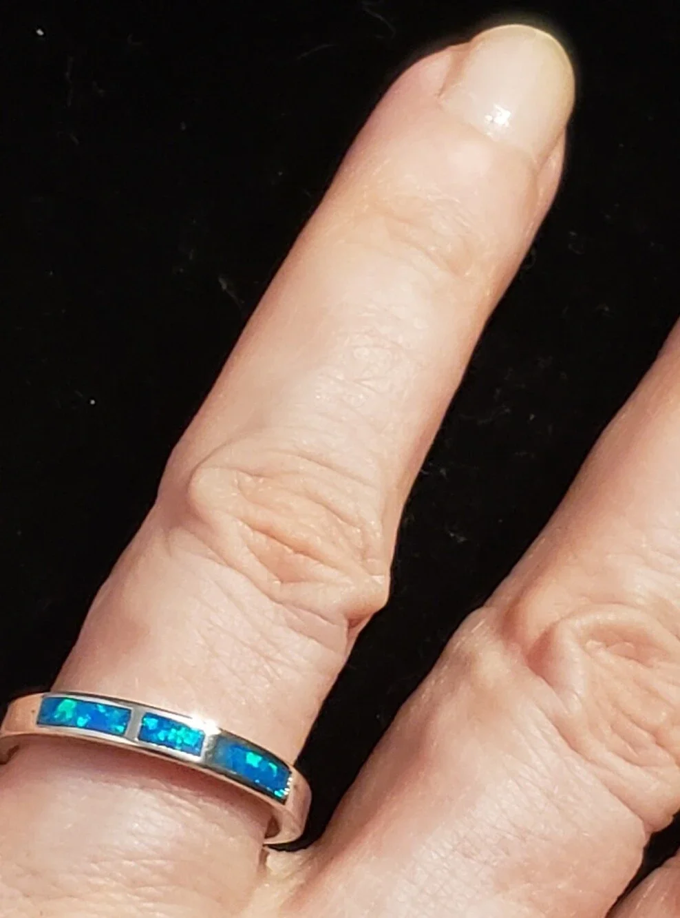 NEW Opal 925 Silver Ring, Sz 8 Minimalist, Inset Created Blue Green Opal Band
